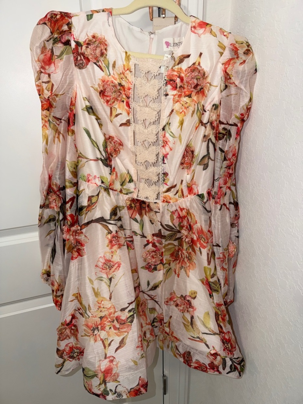 L'ATISTE Cream Floral Lace-Front Mini Dress with Coral Blooms